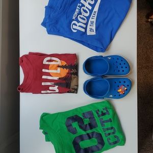 CROCS lot, Crocband blue 7 toddler + 2 rompers, 1 tee shirt, Carter's 24 months